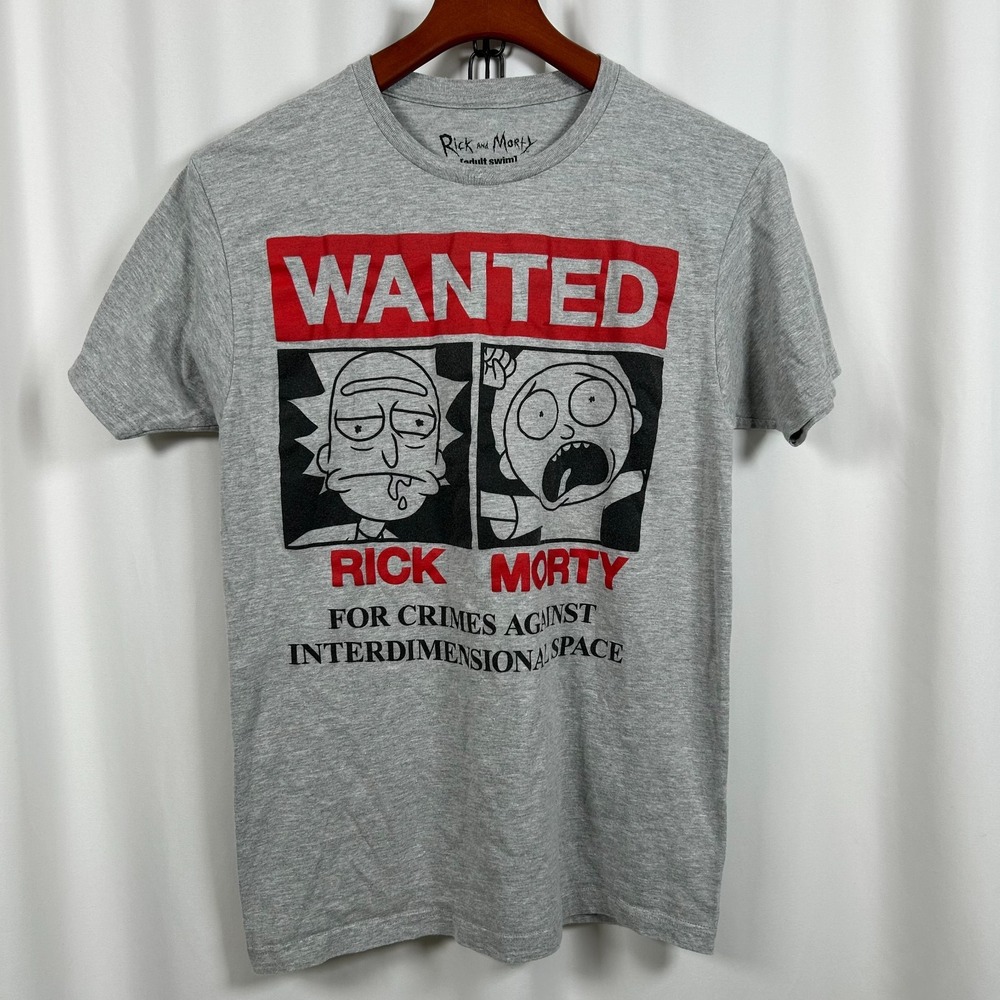 RICK & MORTY T-Shirt Men's‎ Medium Light Gray 'Wanted' Short Sleeve Graphic Tee